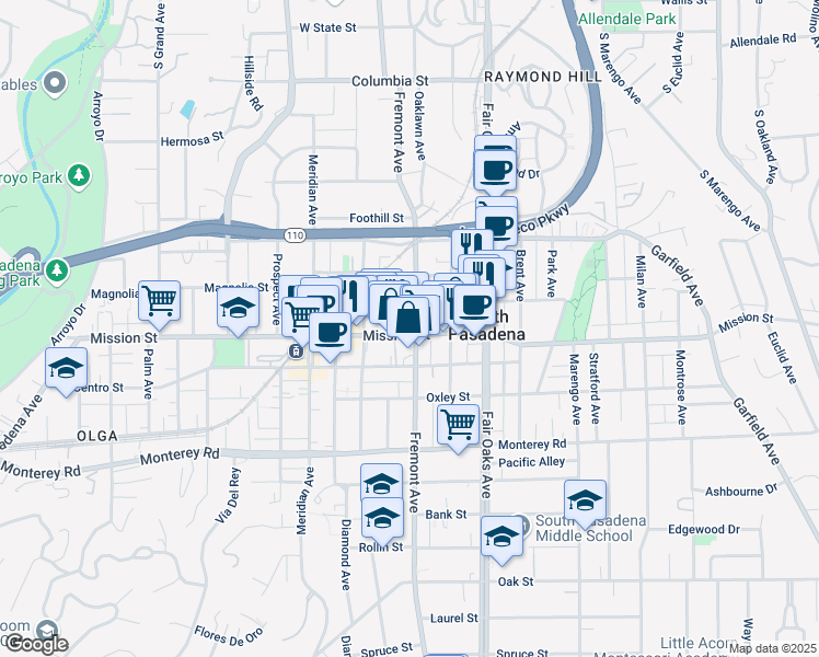 map of restaurants, bars, coffee shops, grocery stores, and more near 815 Fremont Avenue in South Pasadena