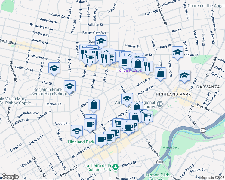 map of restaurants, bars, coffee shops, grocery stores, and more near 5732 Aldama Street in Los Angeles