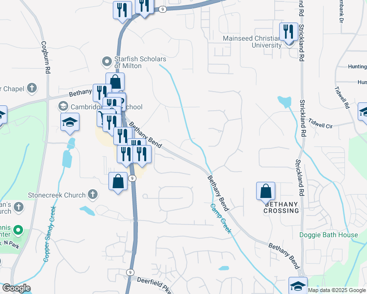 map of restaurants, bars, coffee shops, grocery stores, and more near 2080 North Bethany Creek Drive in Alpharetta