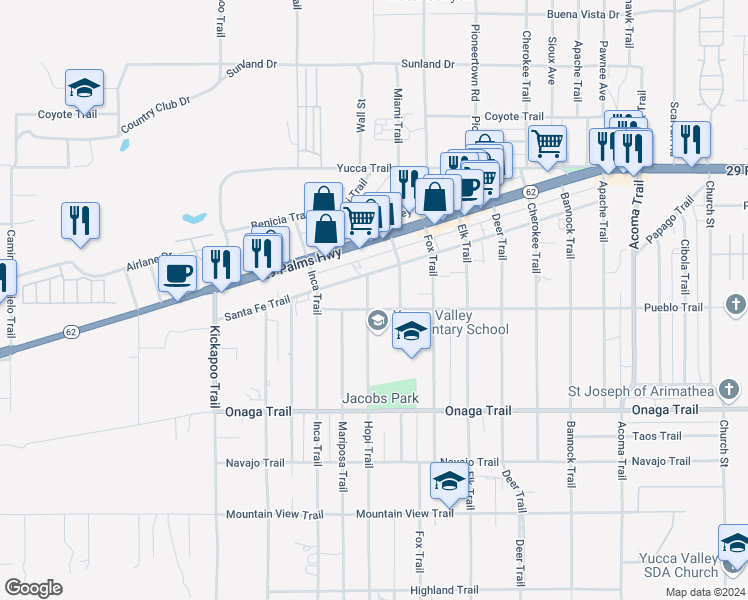 map of restaurants, bars, coffee shops, grocery stores, and more near 7483 Hopi Trail in Yucca Valley