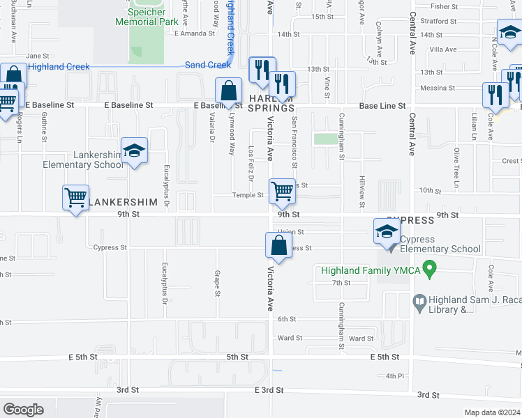 map of restaurants, bars, coffee shops, grocery stores, and more near 26494 9th Street in Highland