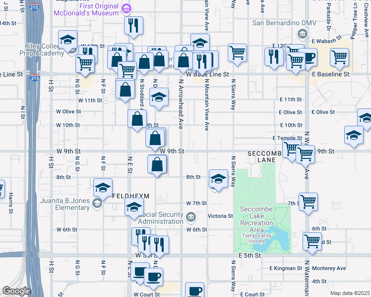map of restaurants, bars, coffee shops, grocery stores, and more near 901 North Arrowhead Avenue in San Bernardino
