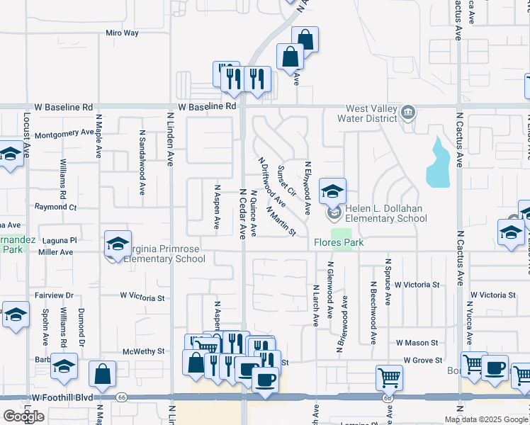 map of restaurants, bars, coffee shops, grocery stores, and more near 911 West Wedgewood Court in Rialto