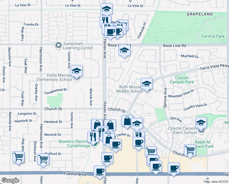 map of restaurants, bars, coffee shops, grocery stores, and more near 7619 Haven Avenue in Rancho Cucamonga
