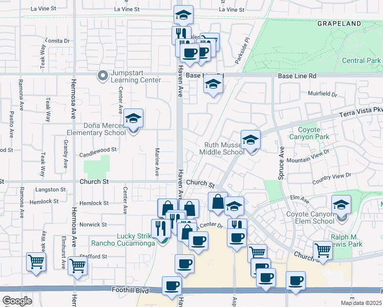 map of restaurants, bars, coffee shops, grocery stores, and more near 7619 Haven Avenue in Rancho Cucamonga