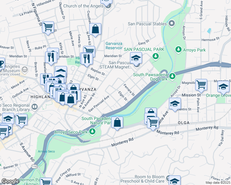 map of restaurants, bars, coffee shops, grocery stores, and more near 6720 Elgin Street in Los Angeles