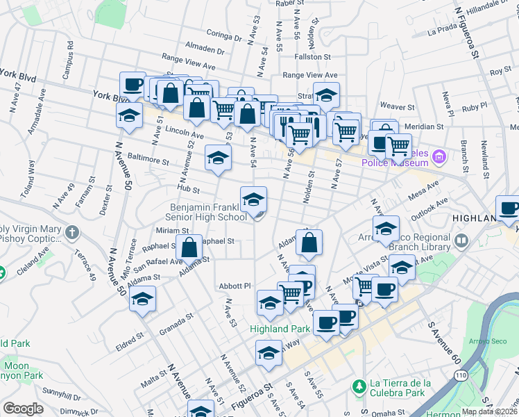 map of restaurants, bars, coffee shops, grocery stores, and more near 820 North Avenue 54 in Los Angeles