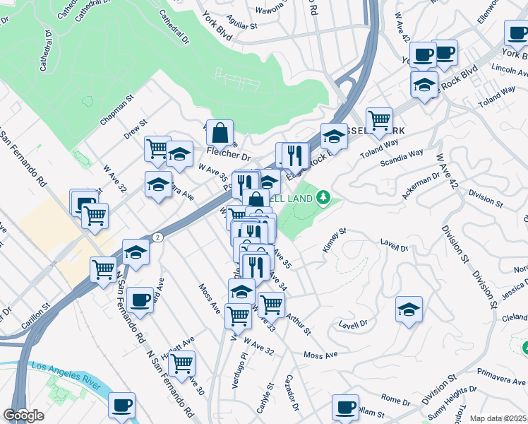 map of restaurants, bars, coffee shops, grocery stores, and more near 3561 Verdugo Road in Los Angeles