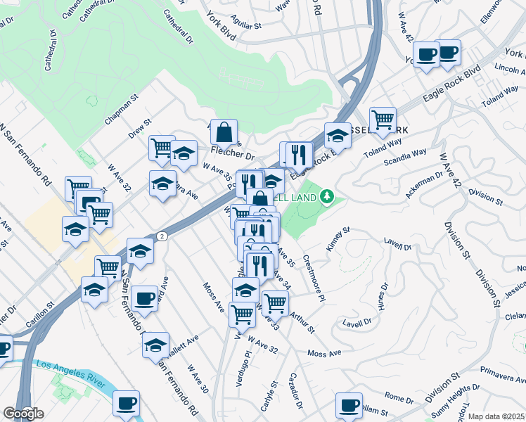 map of restaurants, bars, coffee shops, grocery stores, and more near 2855 West Avenue 35 in Los Angeles