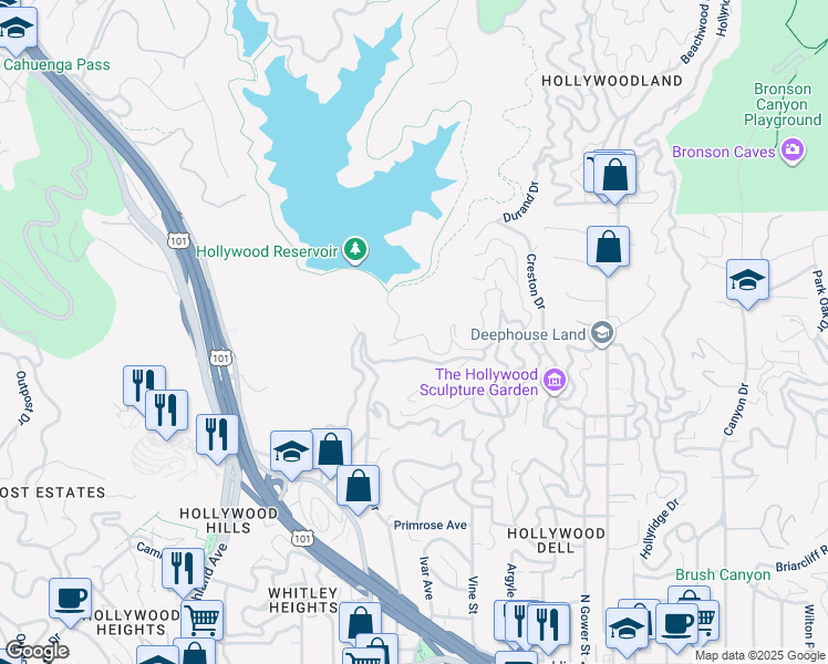 map of restaurants, bars, coffee shops, grocery stores, and more near 6425 Weidlake Drive in Los Angeles