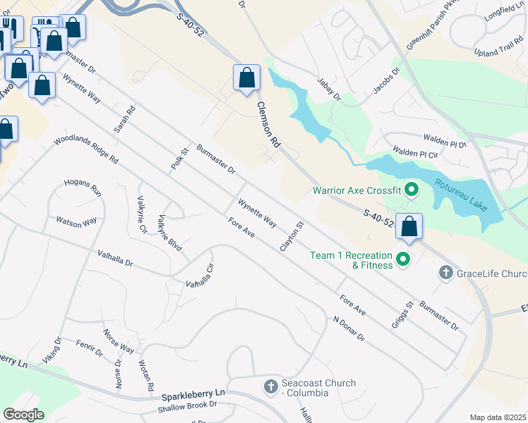 map of restaurants, bars, coffee shops, grocery stores, and more near 412 Wynette Way in Columbia