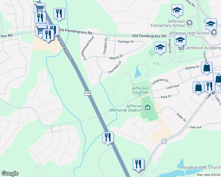 map of restaurants, bars, coffee shops, grocery stores, and more near 149 Ashebrooke Way in Jefferson