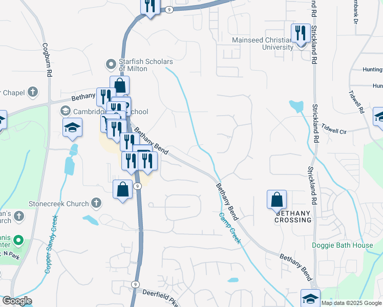 map of restaurants, bars, coffee shops, grocery stores, and more near 2080 North Bethany Creek Drive in Alpharetta