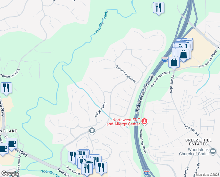 map of restaurants, bars, coffee shops, grocery stores, and more near 507 Picabo Street in Woodstock