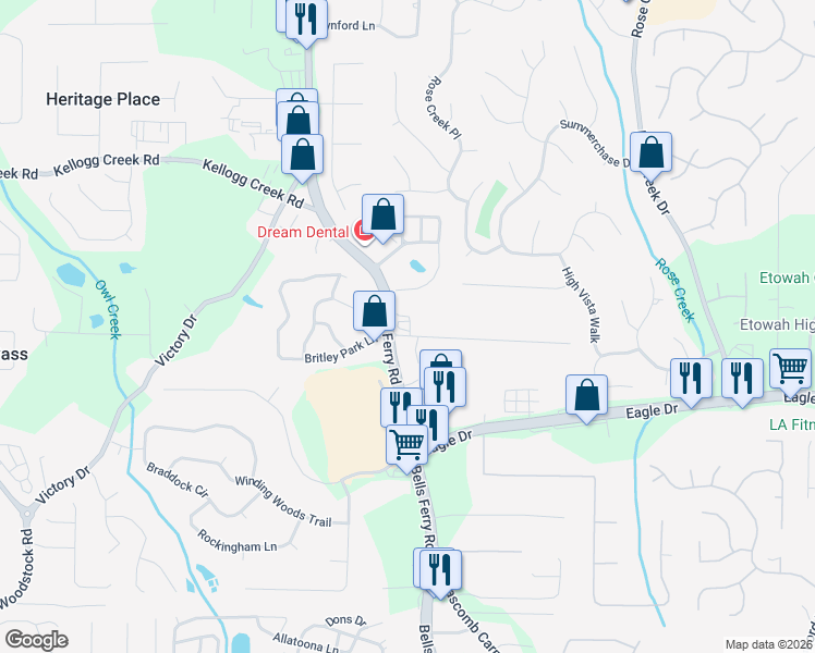 map of restaurants, bars, coffee shops, grocery stores, and more near 6454 Bells Ferry Road in Woodstock