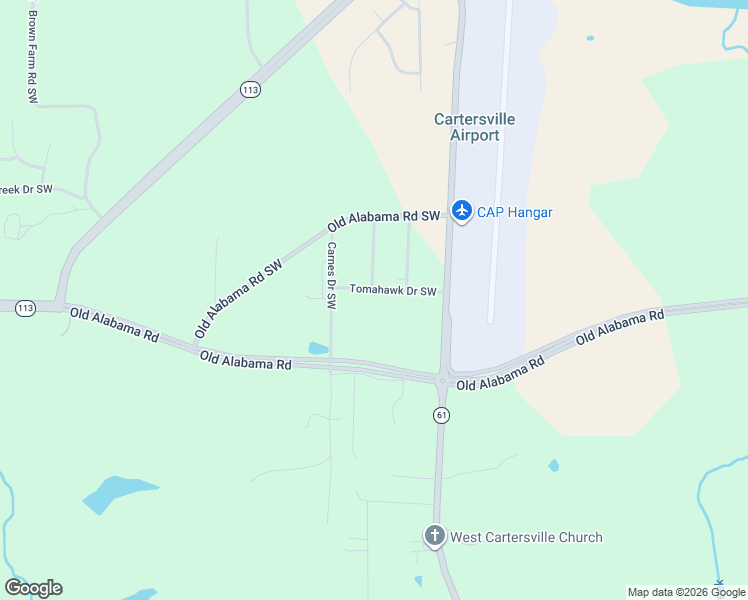 map of restaurants, bars, coffee shops, grocery stores, and more near 59 Tomahawk Drive Southwest in Cartersville