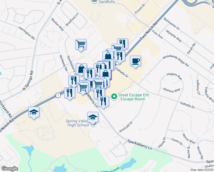 map of restaurants, bars, coffee shops, grocery stores, and more near 10136 Two Notch Road in Columbia