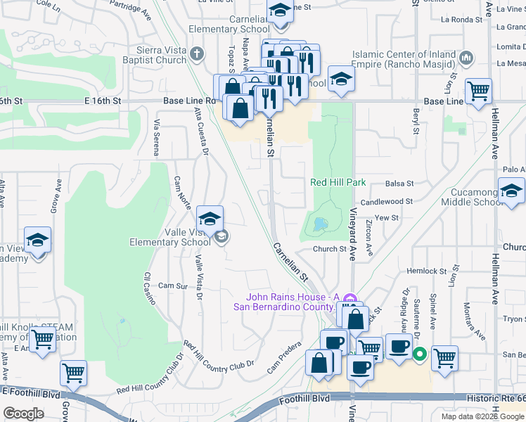 map of restaurants, bars, coffee shops, grocery stores, and more near 7598 Rio Del Sol Place in Rancho Cucamonga