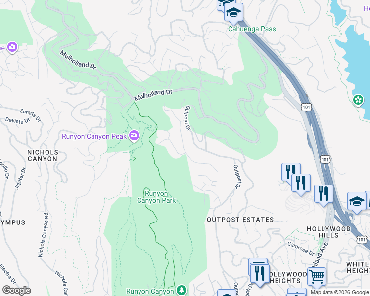 map of restaurants, bars, coffee shops, grocery stores, and more near 2608 Carman Crest Drive in Los Angeles