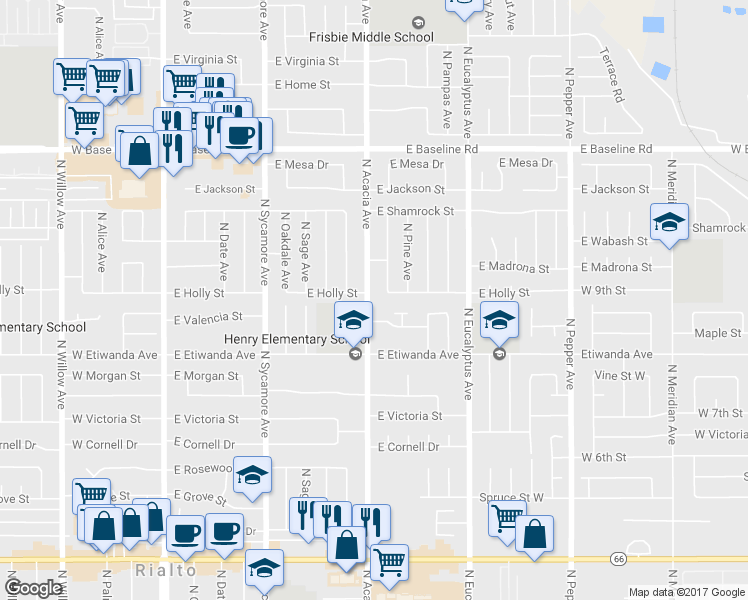 map of restaurants, bars, coffee shops, grocery stores, and more near 901 North Acacia Avenue in Rialto