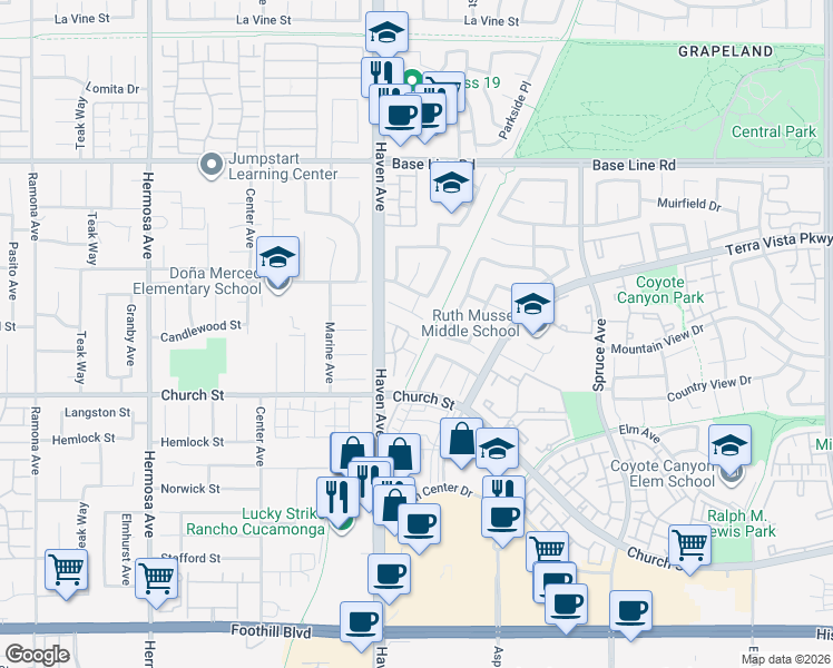 map of restaurants, bars, coffee shops, grocery stores, and more near 7619 Haven Avenue in Rancho Cucamonga