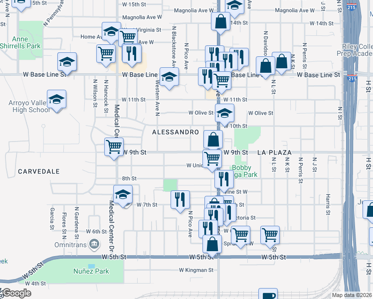 map of restaurants, bars, coffee shops, grocery stores, and more near 1408 West 9th Street in San Bernardino
