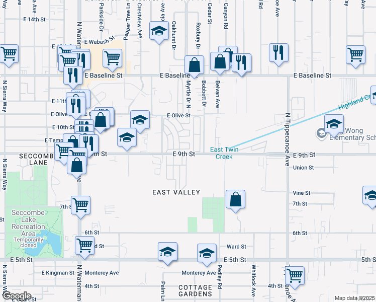 map of restaurants, bars, coffee shops, grocery stores, and more near 760 9th Street in San Bernardino
