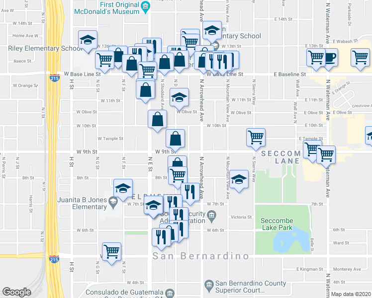 map of restaurants, bars, coffee shops, grocery stores, and more near 362 West 9th Street in San Bernardino