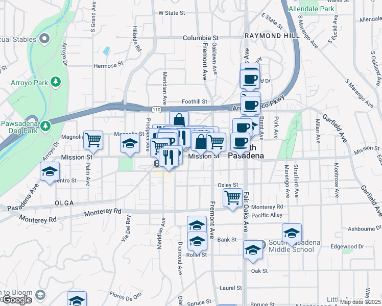 map of restaurants, bars, coffee shops, grocery stores, and more near 1100 Mission St in South Pasadena