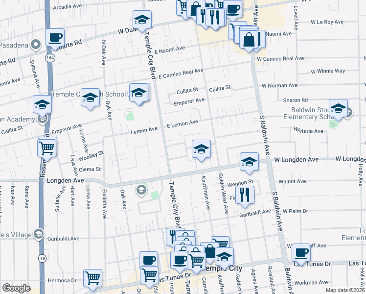 map of restaurants, bars, coffee shops, grocery stores, and more near 6403 Barela Avenue in Temple City