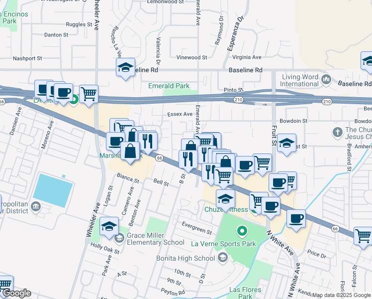 map of restaurants, bars, coffee shops, grocery stores, and more near 3865 Topaz Lane in La Verne