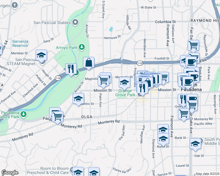 map of restaurants, bars, coffee shops, grocery stores, and more near 630 Mission Street in South Pasadena