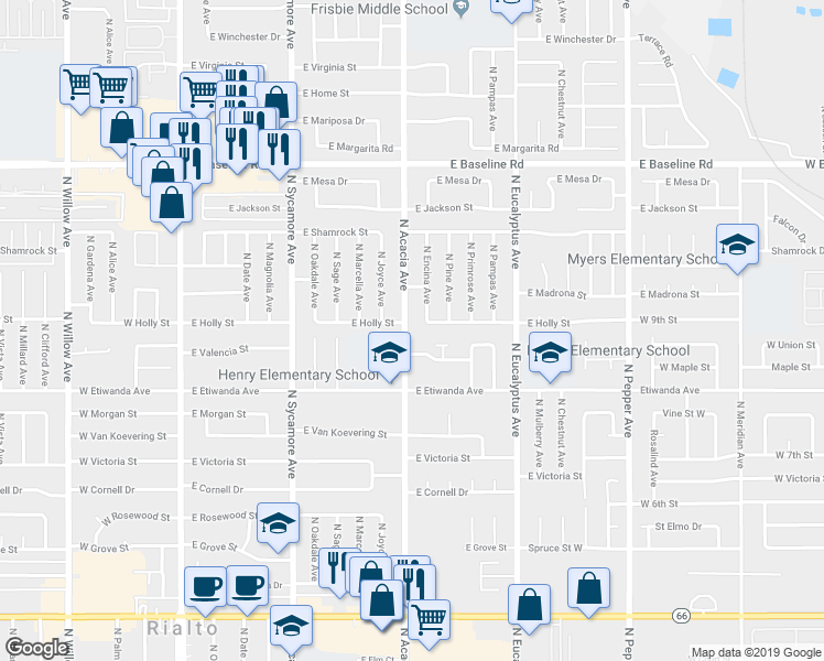 map of restaurants, bars, coffee shops, grocery stores, and more near 901 North Acacia Avenue in Rialto