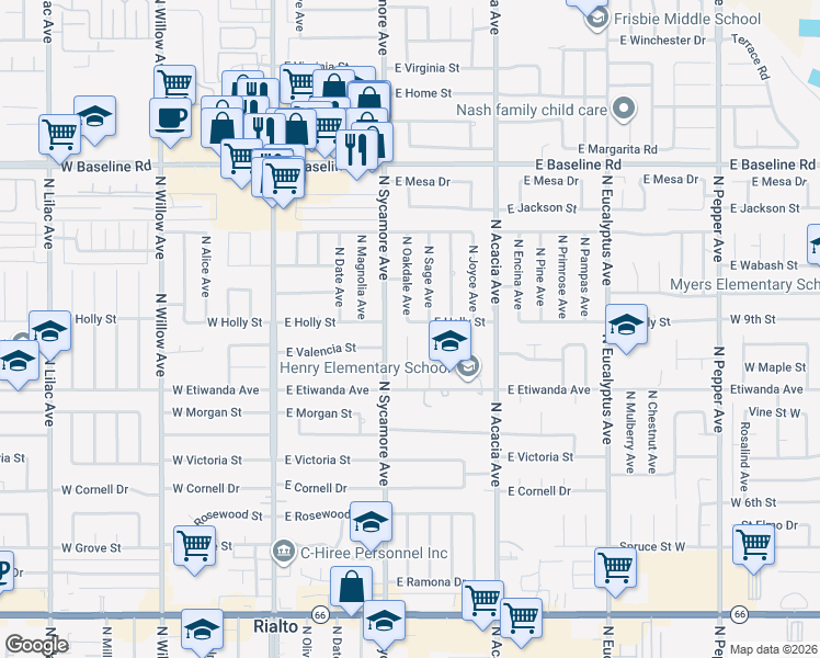 map of restaurants, bars, coffee shops, grocery stores, and more near 323 East Holly Street in Rialto