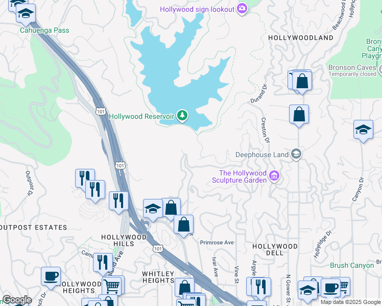 map of restaurants, bars, coffee shops, grocery stores, and more near 2448 Holly Drive in Los Angeles