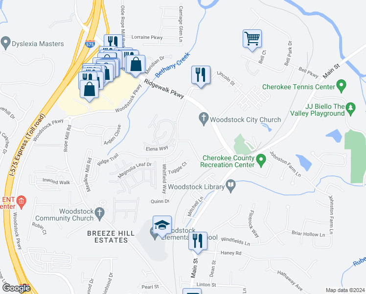 map of restaurants, bars, coffee shops, grocery stores, and more near 225 Mincey Way in Woodstock