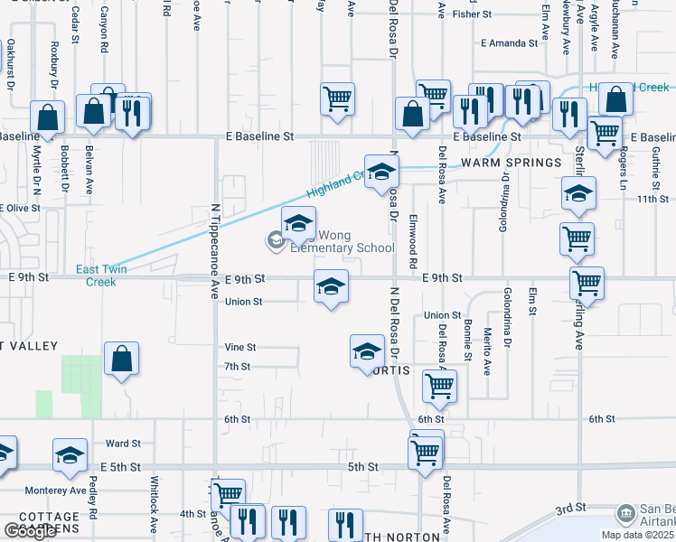 map of restaurants, bars, coffee shops, grocery stores, and more near 1422 East 9th Street in San Bernardino