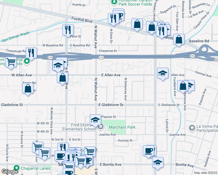 map of restaurants, bars, coffee shops, grocery stores, and more near 780 North Northcape Avenue in San Dimas