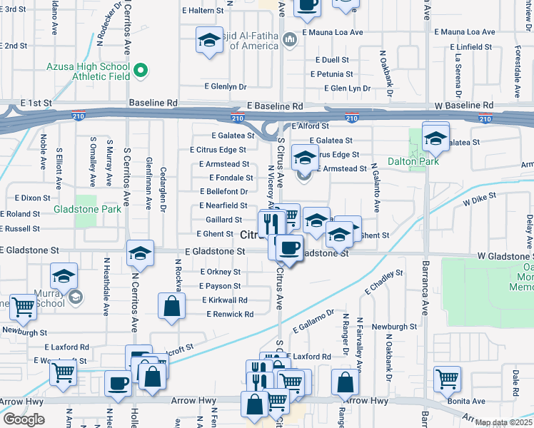 map of restaurants, bars, coffee shops, grocery stores, and more near 5659 North Viceroy Avenue in Azusa