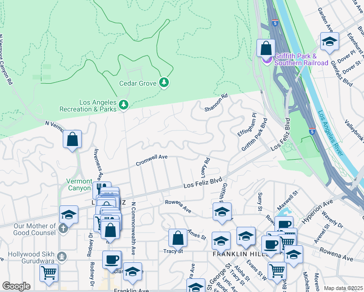 map of restaurants, bars, coffee shops, grocery stores, and more near 4041 Woking Way in Los Angeles