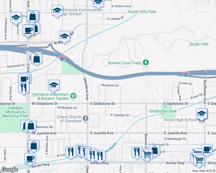map of restaurants, bars, coffee shops, grocery stores, and more near 1300 South Rimhurst Avenue in Glendora