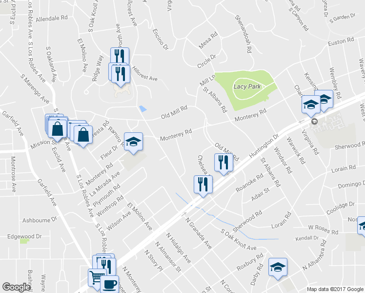 map of restaurants, bars, coffee shops, grocery stores, and more near 2050 Courtland Avenue in San Marino