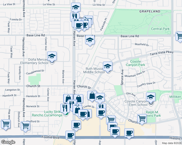 map of restaurants, bars, coffee shops, grocery stores, and more near 10658 Springfield Drive in Rancho Cucamonga