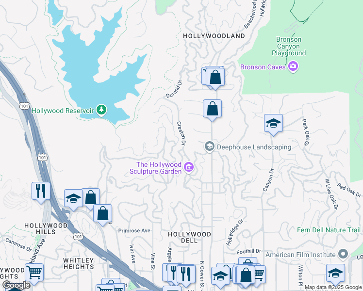 map of restaurants, bars, coffee shops, grocery stores, and more near 2609 Creston Drive in Los Angeles