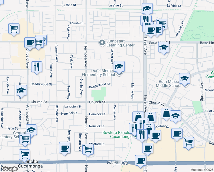 map of restaurants, bars, coffee shops, grocery stores, and more near 10279 Candlewood Street in Rancho Cucamonga