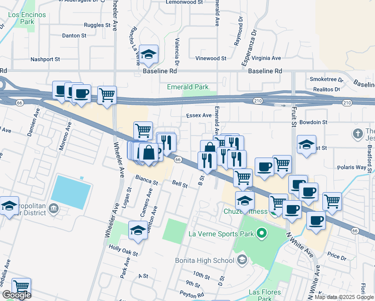 map of restaurants, bars, coffee shops, grocery stores, and more near 1753 Eaton Place in La Verne