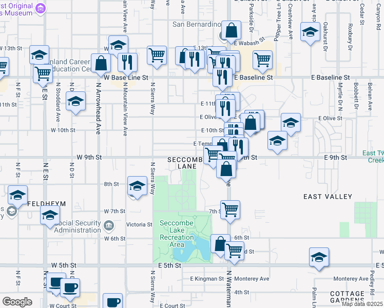 map of restaurants, bars, coffee shops, grocery stores, and more near 218 9th Street in San Bernardino