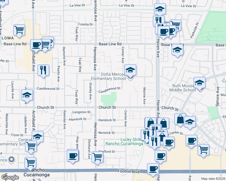 map of restaurants, bars, coffee shops, grocery stores, and more near 10249 Candlewood Street in Rancho Cucamonga