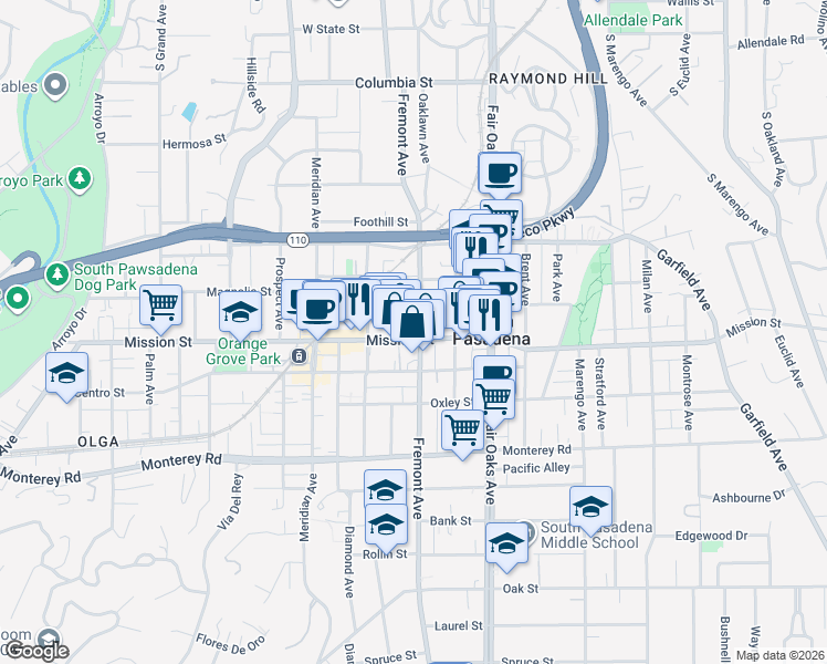 map of restaurants, bars, coffee shops, grocery stores, and more near 815 Fremont Avenue in South Pasadena