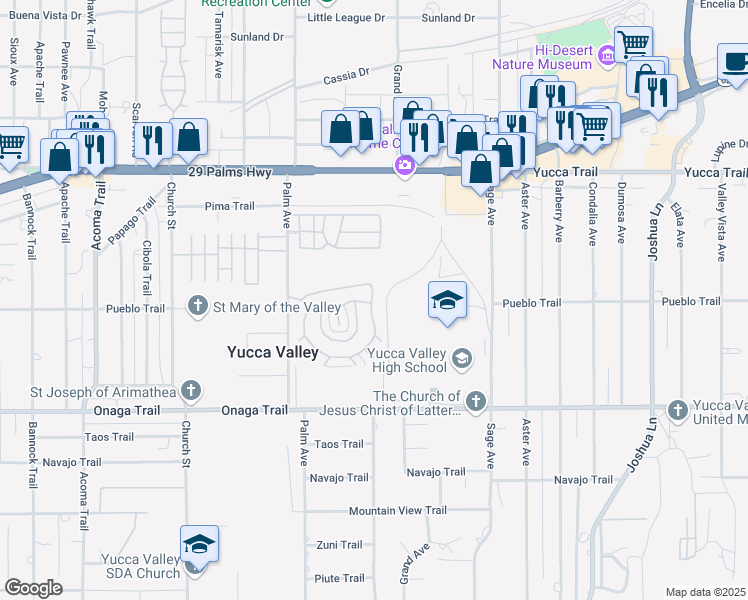 map of restaurants, bars, coffee shops, grocery stores, and more near in Yucca Valley